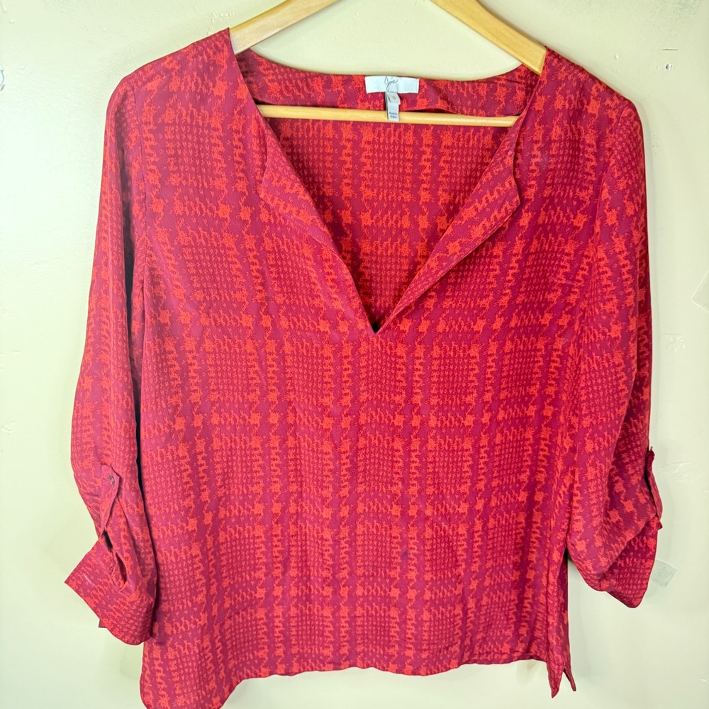 Joie Houndstooth Silk Blouse Top Red Sleeve Button Tab Career Preppy Office